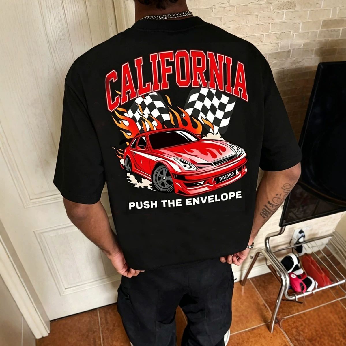 Men's Summer Casual Fashion Short Sleeve T Shirt "California Racing" American Street Style Black T Shirt_viptrois.com