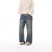 Men's Autumn/Winter Retro Casual Loose Straight Leg Jeans Midweight Cotton Washed Distressed Versatile Wide Leg Blue Black_viptrois.com