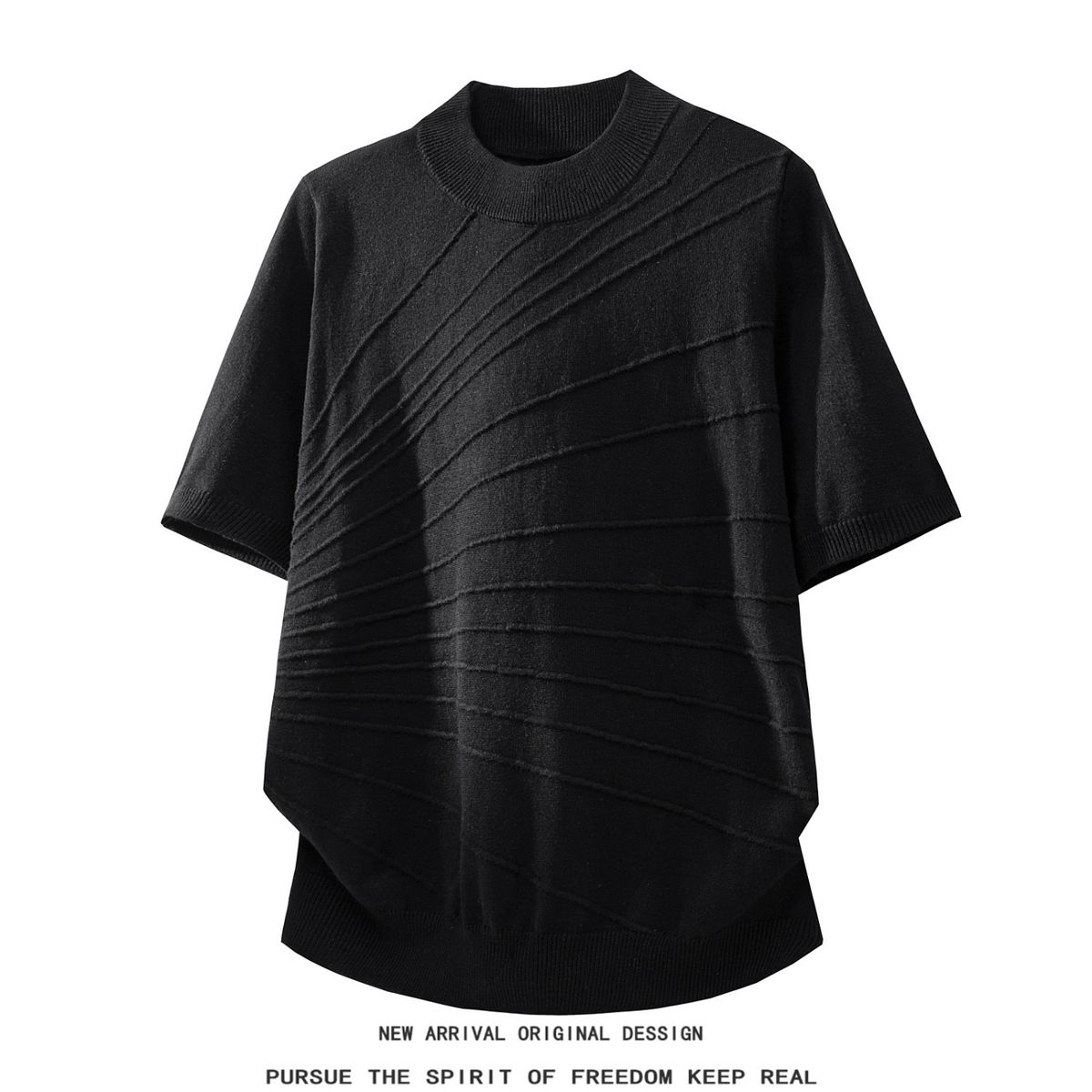 Unisex American Retro Style Turtleneck Short Sleeve Knit Top Breathable Versatile Summer Shirt Loose Sculpted Jacquard Design_viptrois.com