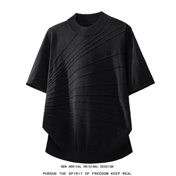 Unisex American Retro Style Turtleneck Short Sleeve Knit Top Breathable Versatile Summer Shirt Loose Sculpted Jacquard Design_viptrois.com