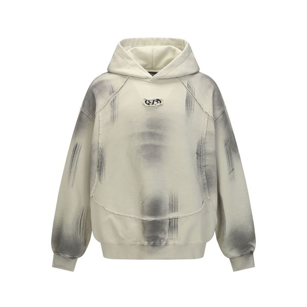 Men's Distressed Washed Hoodie With Spray Print - Post-apocalyptic Streetwear Style, Oversized Fit, Cotton Blend, Unisex Pullover Sweatshirt_viptrois.com