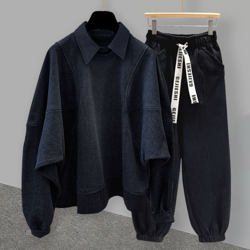 Men's Clothing Autumn and Winter Loose Casual Open Stitching Sweater Suit Men's Korean Version Youth Bat Sleeve Lapel a Complete Set Of Wear_viptrois.com