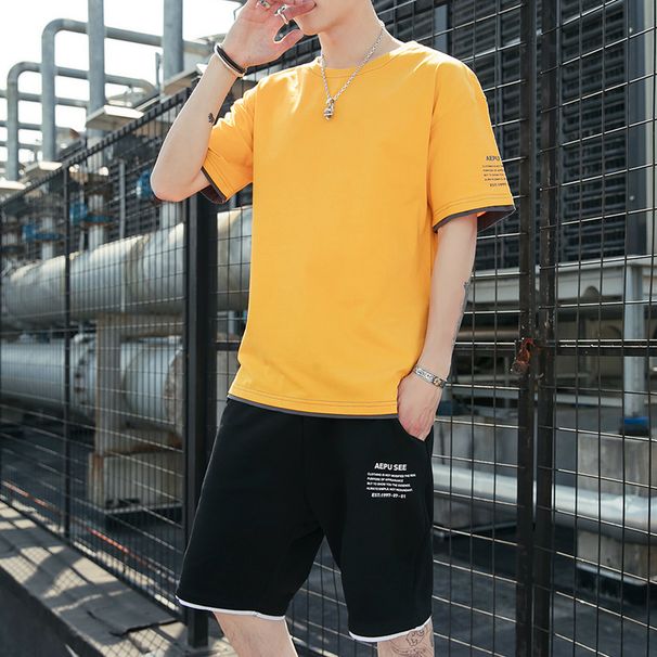 Summer New Casual Sports Men's Pure Cotton Short Sleeved T-Shirt Shorts Trendy Fitness Suit Two-Piece Set_viptrois.com
