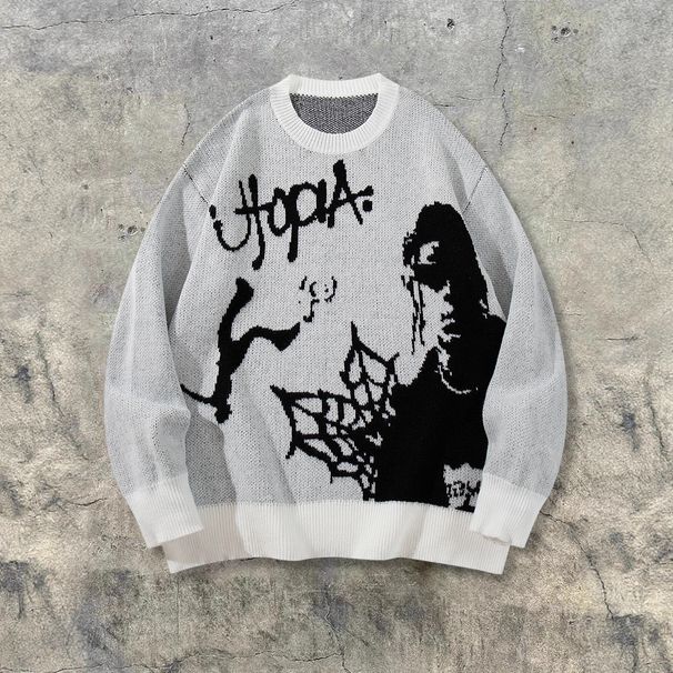 Y2K Streetwear Graphic Knit Sweater - Oversized Colorblock Pullover For Men & Women, Retro 2000s Hip Hop Inspired Casual Jumper With Bold Print_viptrois.com