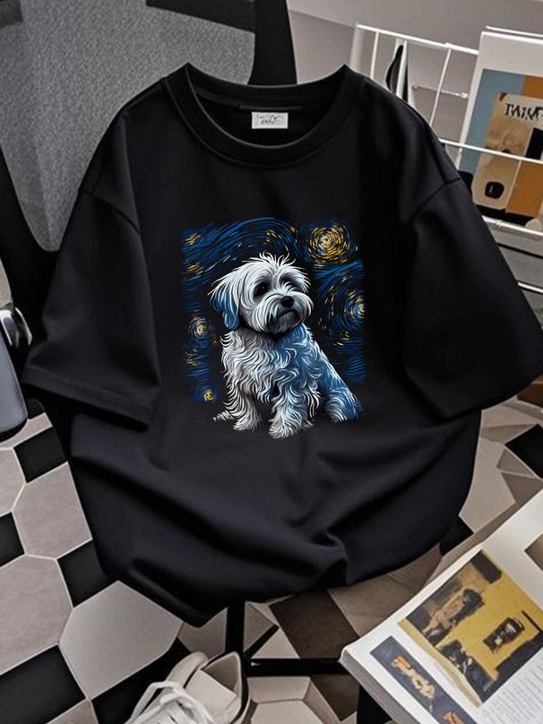 Havanese Dog Starry Night Van Gogh Style Dogs Lover T-Shirt Size S-5XL Unisex Streetwear Breathable Homme Versatile Stylish Stretched Graphic_viptrois.com