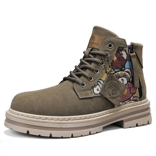 Men's Chunky Sole Side-Zip Ankle Boots - Classic British Style Leather Work Boots With Anti-Slip & Height Increase (Yellow, Khaki, Sand)_viptrois.com