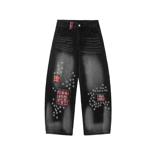 Men's Clothing Heavy Craft Embroidery Retro Red Checkered Patch Stitching Distressed Washed Black Wide Leg Jeans Drape Mopping Pants_viptrois.com