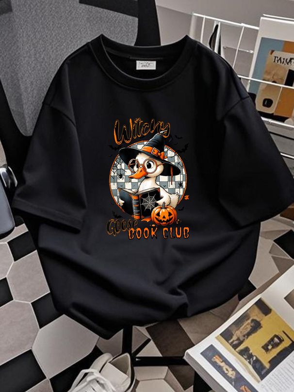Womens Funny Witchy Goose Book Club Halloween Shirt T-Shirt Fashion Comfortable Print Round Neck Short Sleeve Women Top Graphic Tees Breathable Women Unisex Stylish Designer Clothes Female Versatile Top For Everyday Wear Casual Streetwear Graphic_viptrois.com