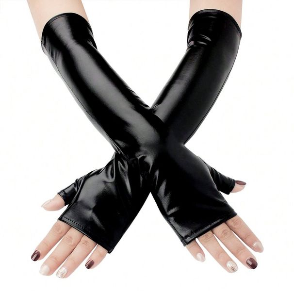 Sexy Patent Mid-Length Fingerless Leather Cosplay Decorative Elastic Tight-Fitting Erotic Gloves_viptrois.com