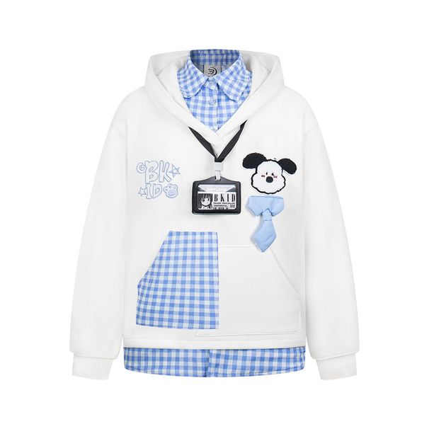 College Style Two-Piece Hooded Sweatshirt For Men Irregular Color Block Plaid Cartoon Dog Ear Hat Trendy Brand_viptrois.com