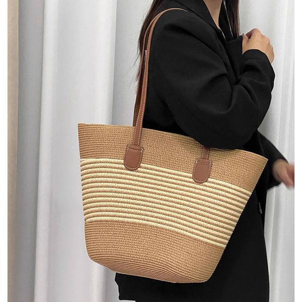 Women's Shoulder Bags Summer Striped Single-shoulder Commuting Straw Woven Bag, Large-capacity Casual And Fashionable Women's Beach Tote Bag_viptrois.com