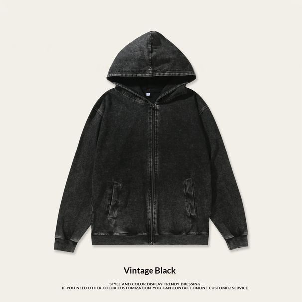 Pure Pure 320g Cross-Border Washed Vintage Cardigan Autumn New Heavyweight Double Yarn Pure Cotton Retro Zipper Men's Sweatshirt_viptrois.com