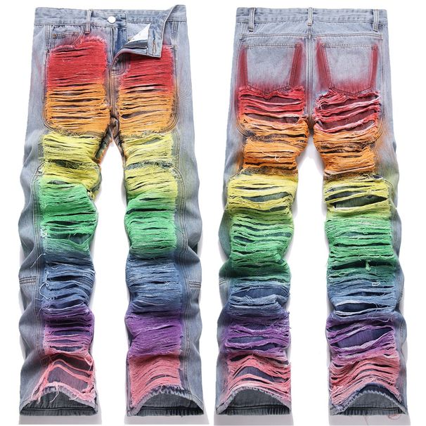 Spot Street Style Loose Straight Hand Painted Colorful Rainbow Youth Men's Street Personality Casual Cool Straight Pants_viptrois.com