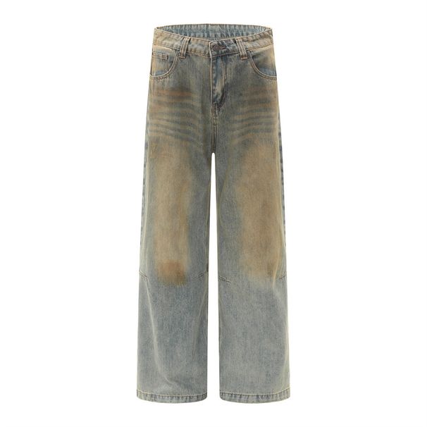 Wasteland Style Washed Vintage Dirty Jeans For Men Punk Trend Loose Wide-Leg Straight Floor-Length Pants_viptrois.com