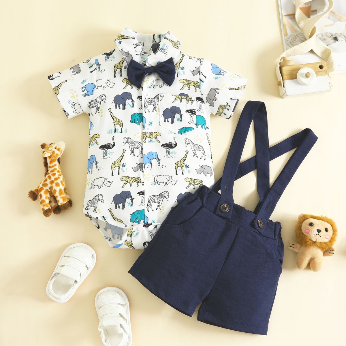 Babies' clothes summer gentleman's short-sleeved shorts lapel bow short-sleeved romper overalls suit_viptrois.com