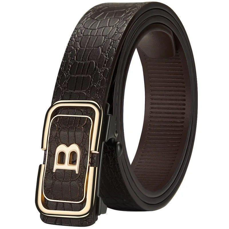Men's Belts New Crocodile Pattern Men's Belt Genuine Leather Pure Cowhide Toothless Automatic Buckle Business All Match Casual Belt Letter Buckle_viptrois.com