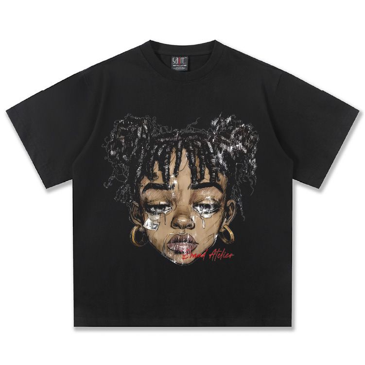 Men's Clothing 2025 Cross Border Summer Hot Girl American Illustration Washed Old Heavy T Shirt Direct Injection Printing Short Sleeved Men's Bottom_viptrois.com