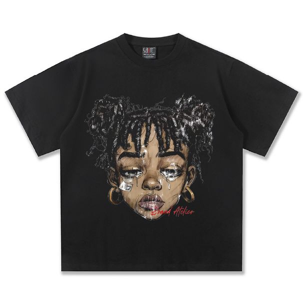 Men's Clothing 2025 Cross Border Summer Hot Girl American Illustration Washed Old Heavy T Shirt Direct Injection Printing Short Sleeved Men's Bottom_viptrois.com