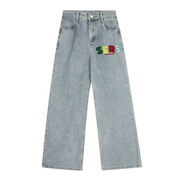 Star Embroidery Denim Straight Long Irregular Pocket Design Sense Personality Washed Loose Casual Pants Men's Trend_viptrois.com