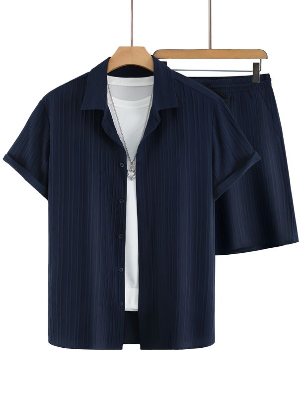 Men's Clothing Hot Selling Summer Hawaiian Vacation Shirt Shorts 2 Piece Set Solid Color Wave Stripe Texture Fabric_viptrois.com