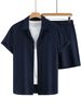 Men's Clothing Hot Selling Summer Hawaiian Vacation Shirt Shorts 2 Piece Set Solid Color Wave Stripe Texture Fabric_viptrois.com