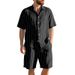 Men's Summer Linen Jacquard Shirt Shorts Set Striped Loose Fit Short Sleeved Beachwear For American Styles_viptrois.com