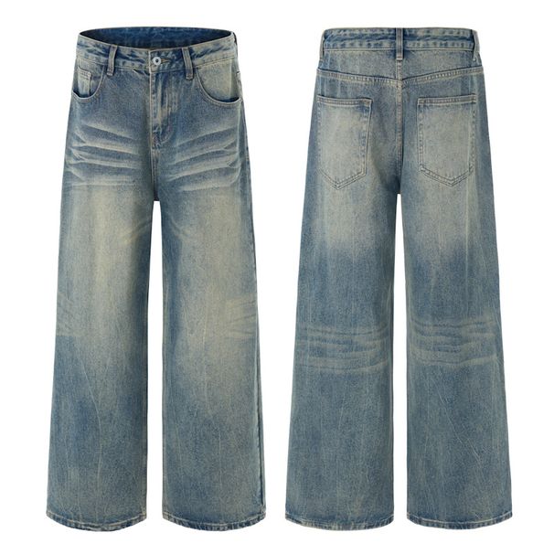 Men's Clothing & Archer0603 & American Streetwear Brand Washed 3D Whiskered Wide Leg Jeans, High Street Style Men's Long Pants_viptrois.com