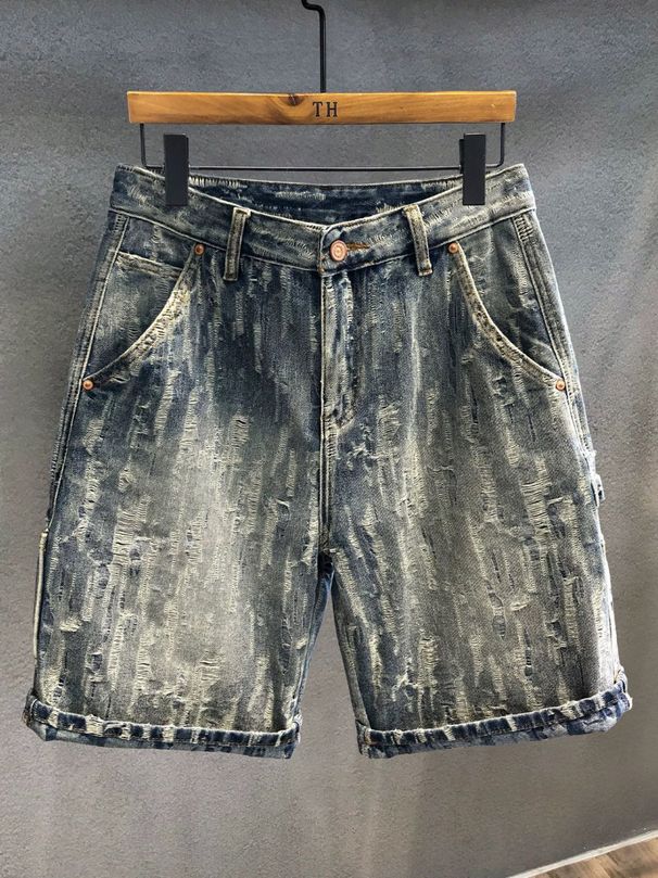 Men's Clothing Fashionable Retro Washed Denim Shorts Men's Loose Straight Personalized Print Youth All Match Shorts Summer Leisure_viptrois.com