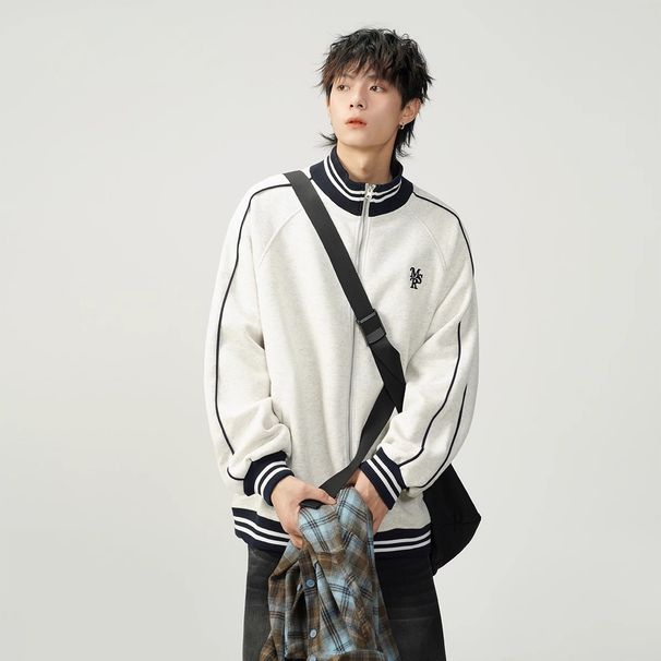 Men's Clothing American Retro Stand Up Collar Embroidered Sweatshirt Men's Trendy Color Blocked Loose Casual Sports Baseball Jacket_viptrois.com