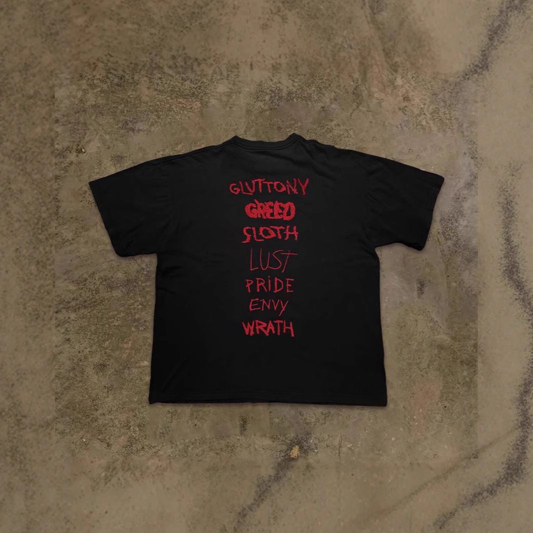 Heavyweight Pure Cotton Oversized T-Shirt Dark Style Printed Loose Short Sleeved Top for Couples High Street Style 250g_viptrois.com