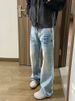 Washed Blue Straight Jeans For Men, Spring And Autumn American High Street Vibe , Clean Fit Curved Hem Flared Long_viptrois.com