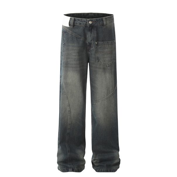Washed Gradient Denim Cargo Men's Trendy Irregular Deconstructed Patchwork Design Sense Personality Loose Straight Long_viptrois.com
