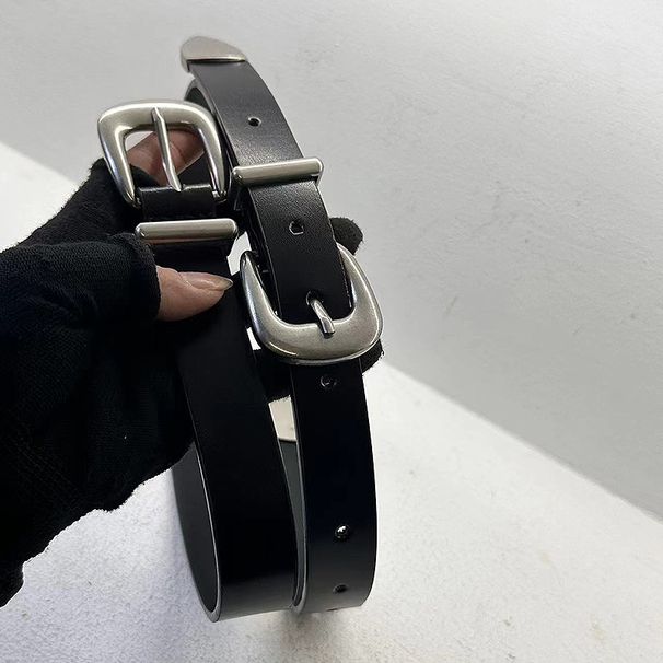 Fashionable retro silver buckle double waist genuine leather belt for women with versatile personalized buckle perforated cowhide belt trend_viptrois.com