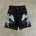 Retro Harajuku Loose Fit Printed Denim Shorts Casual Street Style Washed Capri Pants for Men Summer Fashion_viptrois.com