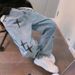 Men's Clothing Jeans High Street Cross Patch Embroidery Loose Straight Wide Leg Cow Long Pants_viptrois.com