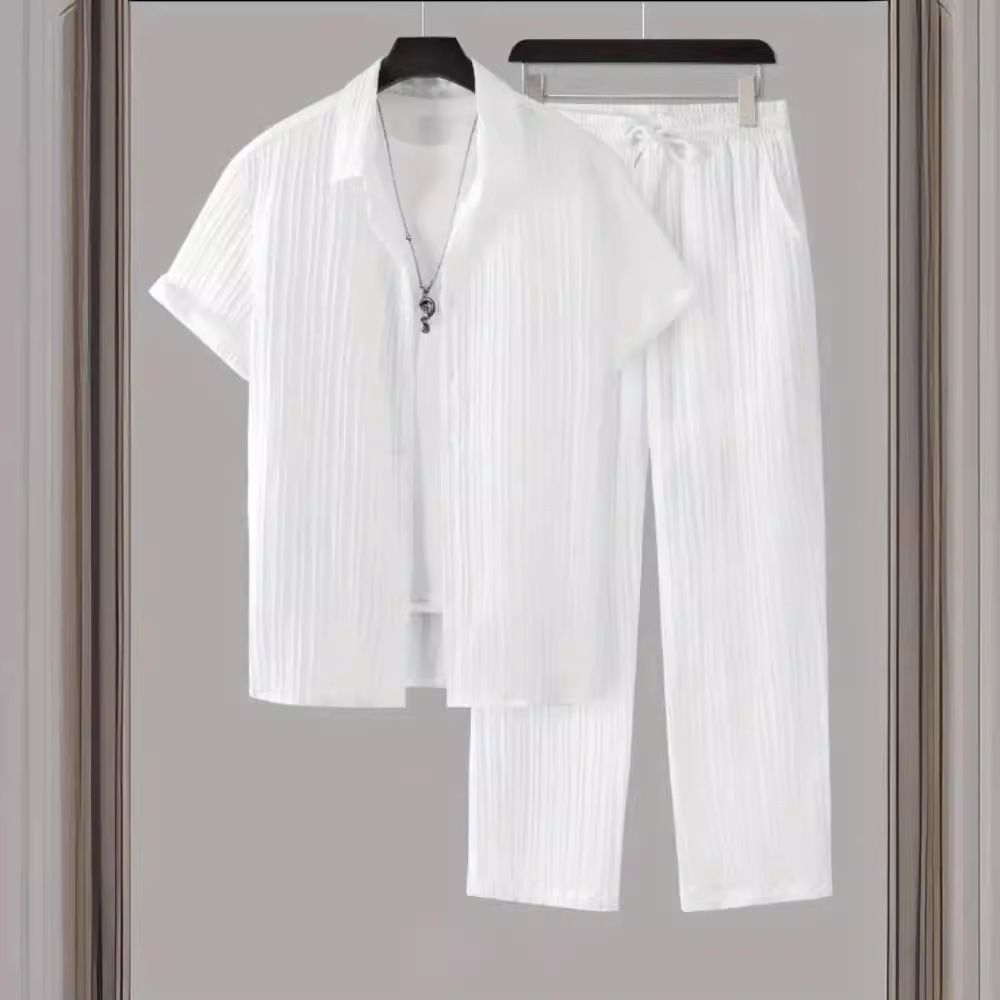 Men's Clothing Men's Striped Short-Sleeved Shirt Button Down Lapel Drawstring Trousers Suit For Formal & Casual_viptrois.com