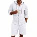 Men's Summer Linen Shirt And Shorts Set Casual Breathable Long Sleeved Solid Color Hooded Takeout American Style Vacation Wear_viptrois.com