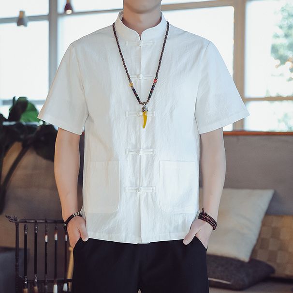 Chinese Style Cotton Short Summer Color Blocked Linen Cardigan Men's Five Quarter Sleeved Shirt Top_viptrois.com