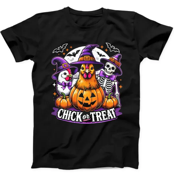 Chick Or Treat Halloween Chicken Skeleton Funny Gift Tee Black T Shirt Mens Womens Tees Top 159_viptrois.com