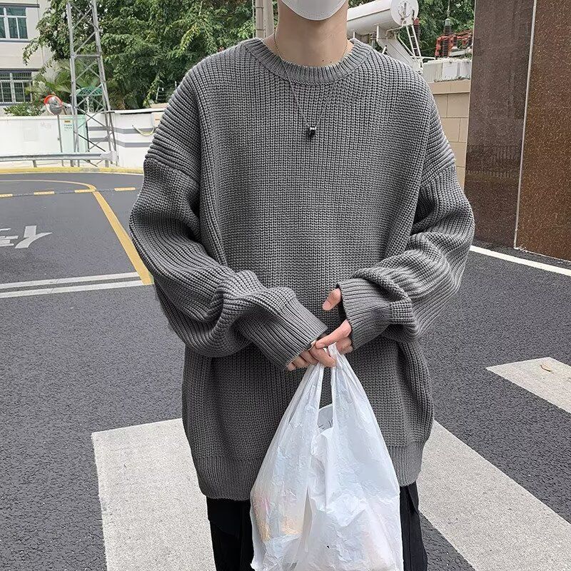 New casual regular winter round neck lazy style solid color sweater men's loose long sleeved youth_viptrois.com