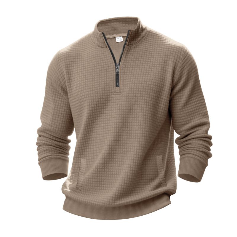 Men's Clothing Large Size Sweatshirt American Style Half Zip Autumn Winter Jacquard Small Checkered Stand Up Collar Casual Pullover_viptrois.com