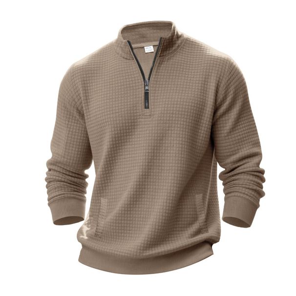 Men's Clothing Large Size Sweatshirt American Style Half Zip Autumn Winter Jacquard Small Checkered Stand Up Collar Casual Pullover_viptrois.com