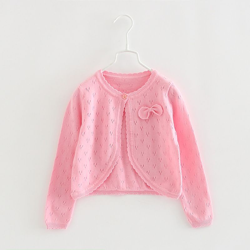 Mother & Kids Girls' Cotton Knit Cardigan With Bow Detail - Lightweight Summer Cover-Up For Toddlers & Kids (Sizes 66-130cm) - White/Gray/Pink_viptrois.com