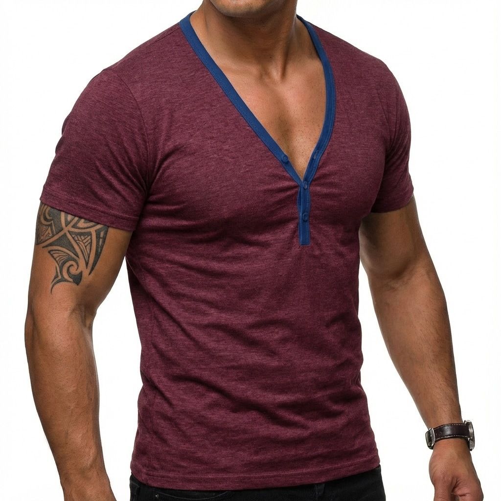 Men's V-Neck Short Sleeve Workout T-Shirt, Slim Fit Muscle Tee With Button Placket, Moisture Wicking Quick Dry Sport Top For Gym & Casual_viptrois.com