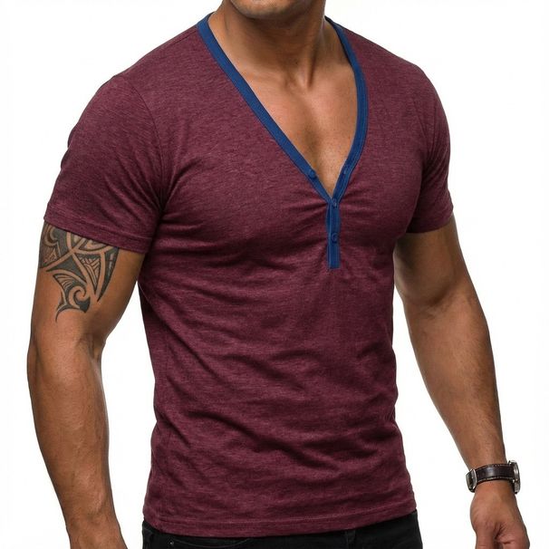 Men's V-Neck Short Sleeve Workout T-Shirt, Slim Fit Muscle Tee With Button Placket, Moisture Wicking Quick Dry Sport Top For Gym & Casual_viptrois.com