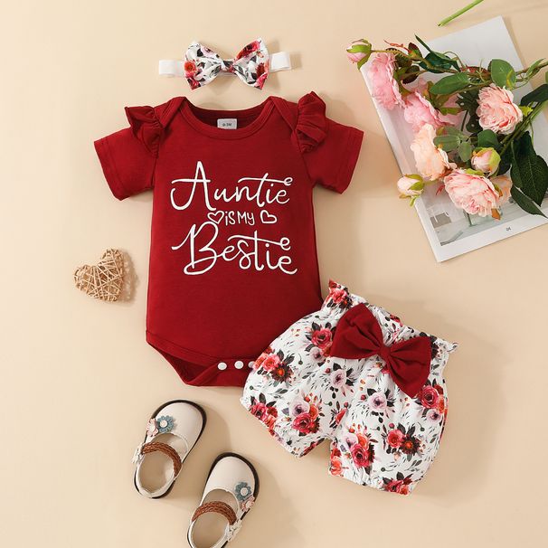 Babies' clothes Summer baby short-sleeved triangle romper lace-up shorts three-piece set girls cotton letter top cute pants_viptrois.com