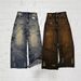 Men's Clothing New American High Street Straight Yellow Mud Dyed Jeans Loose Men And Women Retro Long Pants Trendy Boys Mud Colored Pants_viptrois.com