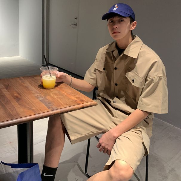 New Spring Summer Workwear Pocket Short Sleeve Jumpsuit Men's Trendy Korean Loose Casual Bib Shorts With Waist Bag_viptrois.com