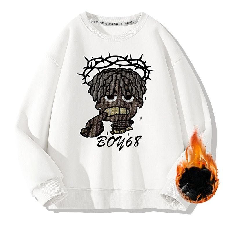 Men's Winter Fleece Thickened Printed T-Shirt Teen Top Spring And Autumn Sweater_viptrois.com