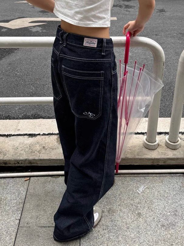 Men’s Clothing Large Size Retro Embroidery Loose Straight Jeans For Women Fat Girls Mm All Match Slim High Waist Wide Leg Pants_viptrois.com